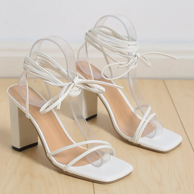 2024 Summer Sexy Square Headed Tie up Thin Heels High Heels Cross Sandals
